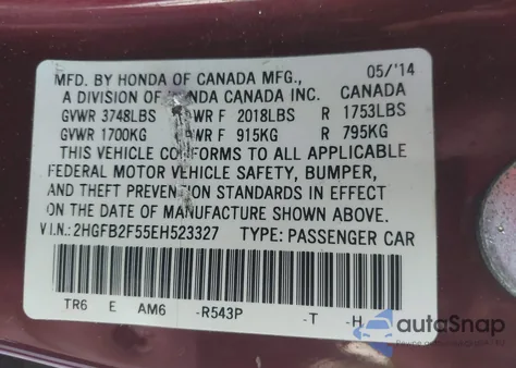 2014 Honda Civic Lx z USA, uszkodzony, nr VIN 2HGFB2F55EH523327